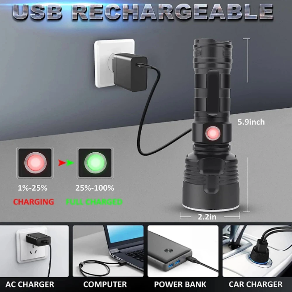 P70 Super Bright Flashlight  High Power LED CampingEmergency Light USB Rechargeable Torch Waterproof Light  Long Battery Life