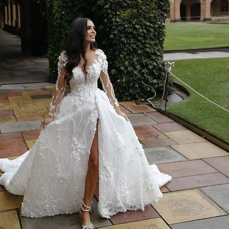 

Flavinke Customzied Gorgeous White O-Neck Bridal Gown Tulle Applique Long Sleeves Slit Wedding Dresses Women vestidos de novia