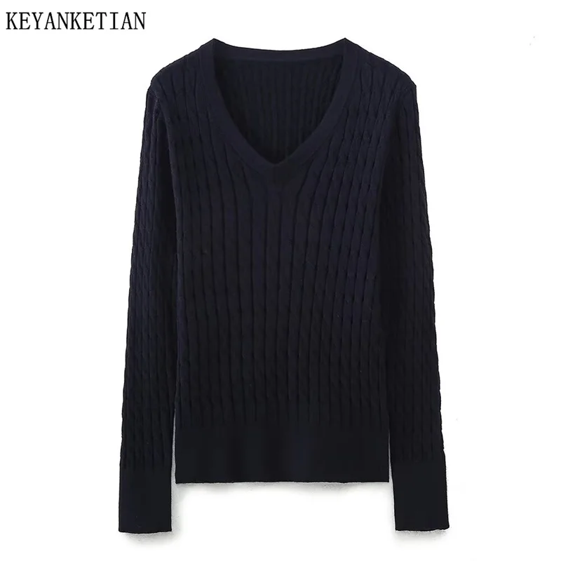 KEYANKETIAN 2024 Autumn New Women's Navy blue V-Neck Vertical Texture Sweater Simple style Long Sleeve Basic Slim Pullover Top