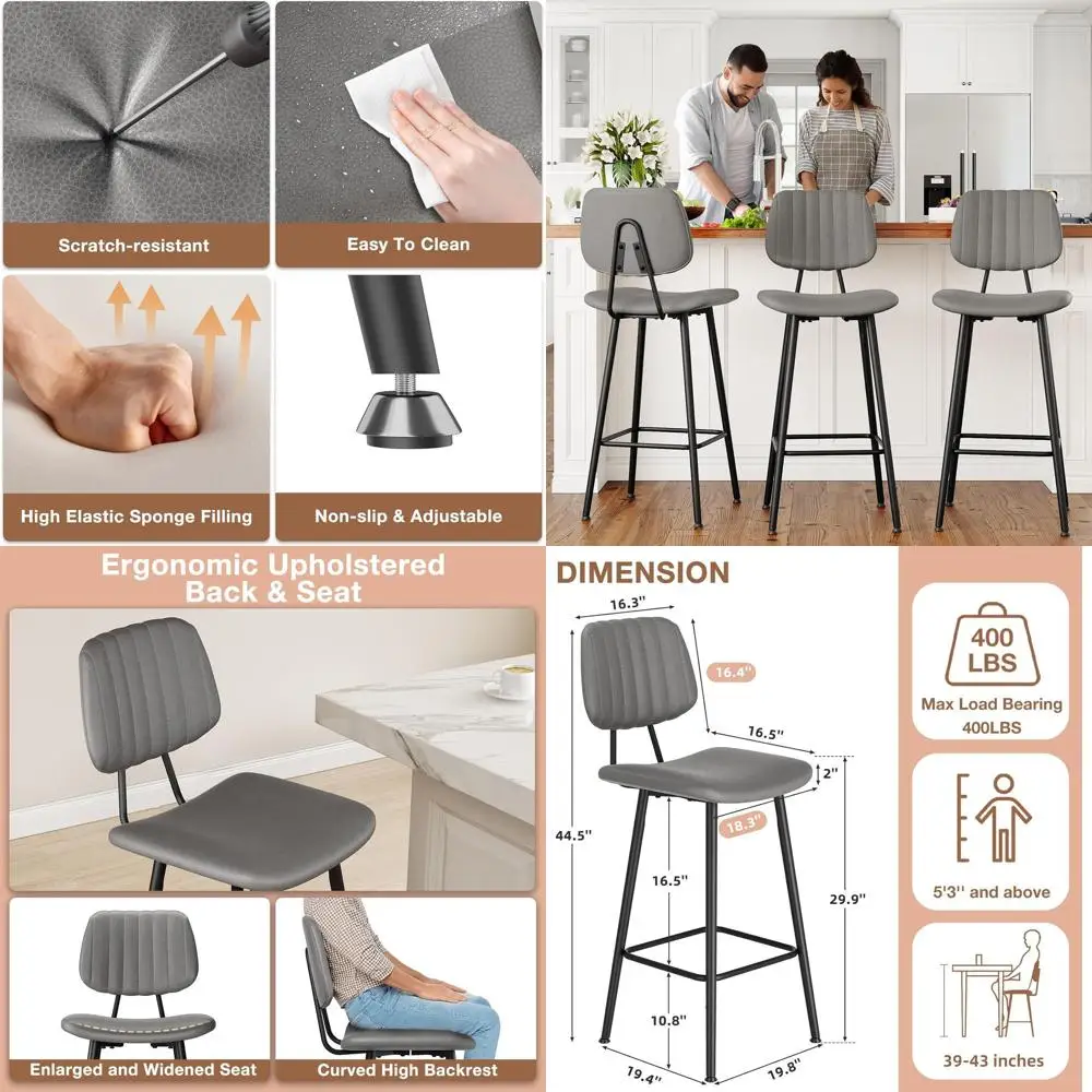 

Серые кожаные барные стулья, набор из 2 шт., высота стойки со спинкой, сверхпрочная металлическая основа для кухонного острова