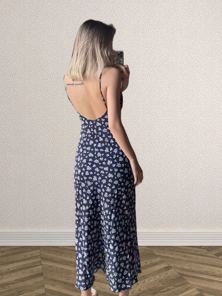 17mm French sexy backless vintage floral silk suspender dress seaside vacation 100% silk slip dress