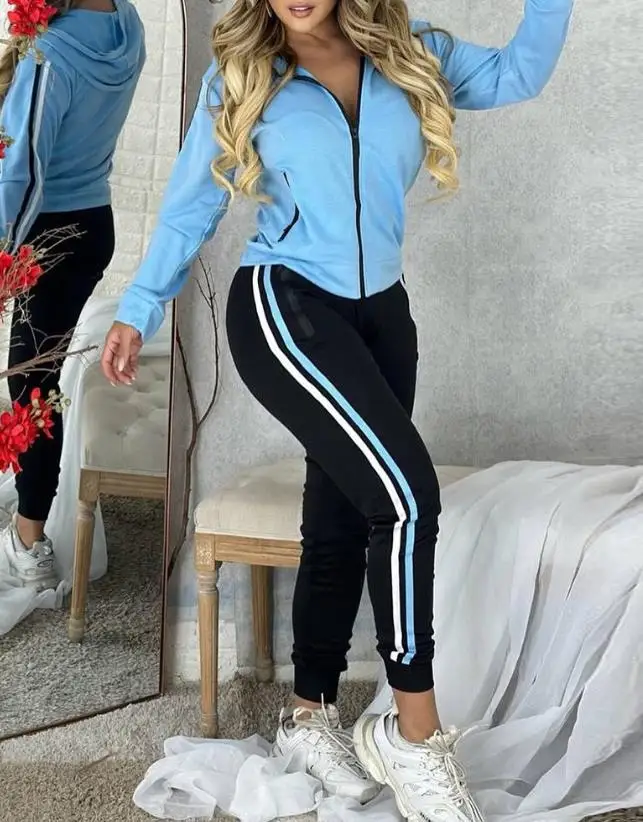 Casual Long Sleeve 2023 New Hot Selling Fashion Women's Stripe Zipper Details Jacket and Pants Set