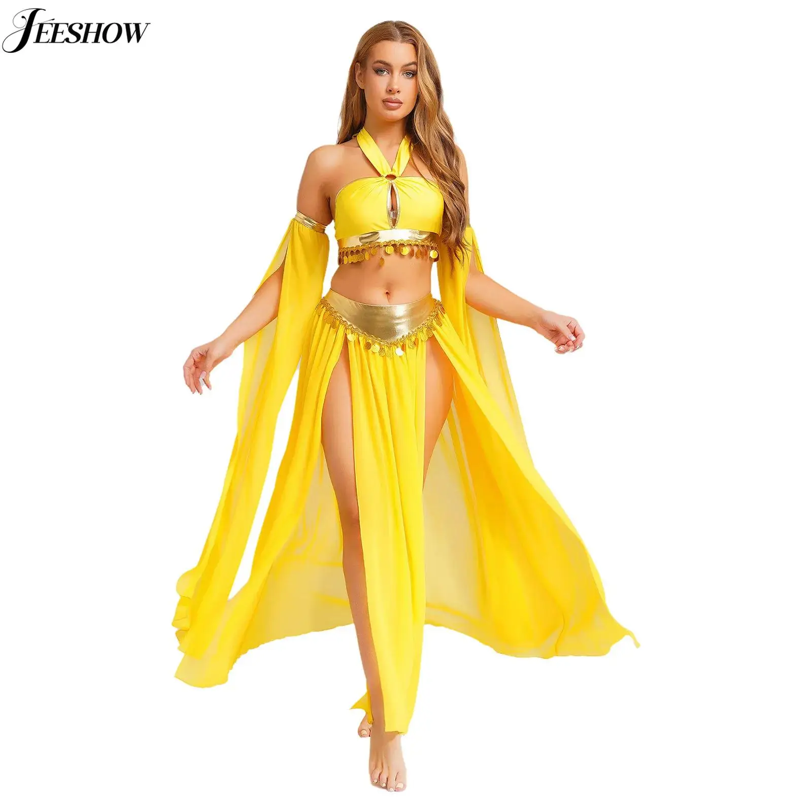 

Женский костюм для танца живота, укороченный топ с вырезом на шее и открытой спиной, длинная юбка с боковым разрезом и рукавами, танцевальная одежда