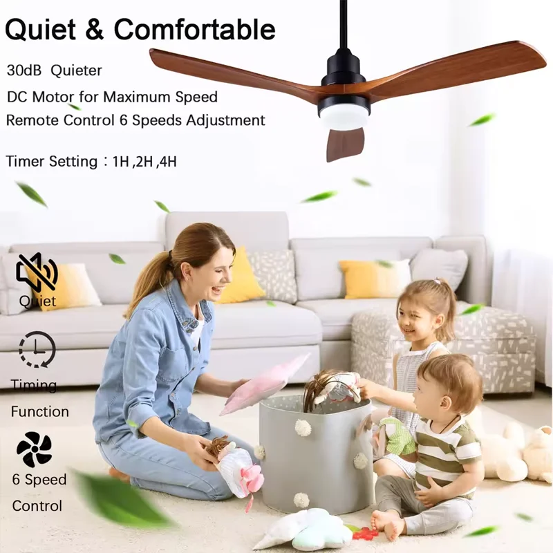 Modern Solid Wood Ceiling Fan Light Remote Control Ceiling Fan Lamp mute Adjustable Six Levels Wind Speed Living bedroom Decor