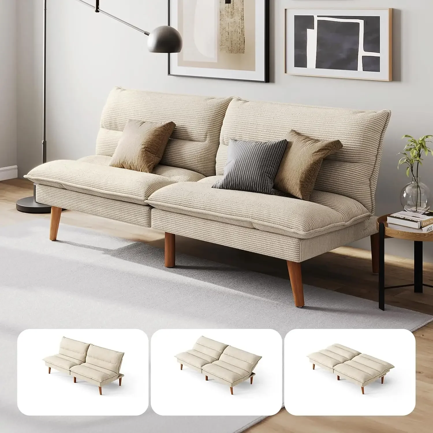 

Futon Sofa Bed - Convertible Corduroy Futon Couch Bed with Adjustable Backrest, Modern Small Loveseat Sleeper Sofa for Small Spa