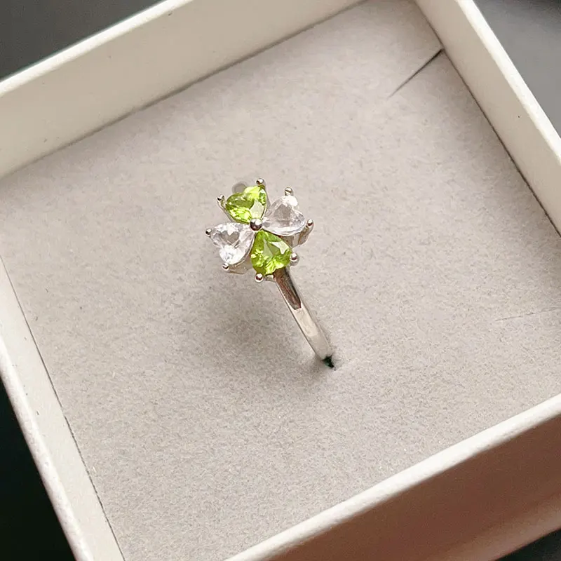 

Flower Shape Natural Rose Quartz Peridot Ring 4 pieces Heart Cut Rose Quartz Ring Solid 925 Silver Gemstone Jewelry