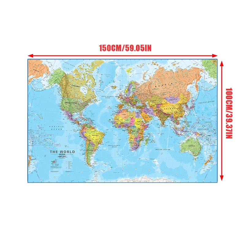 150*100cm World Map Detailed Wall Poster Clear Printed Canvas Painting Decorative Hanging Picture Office Home School Supplies