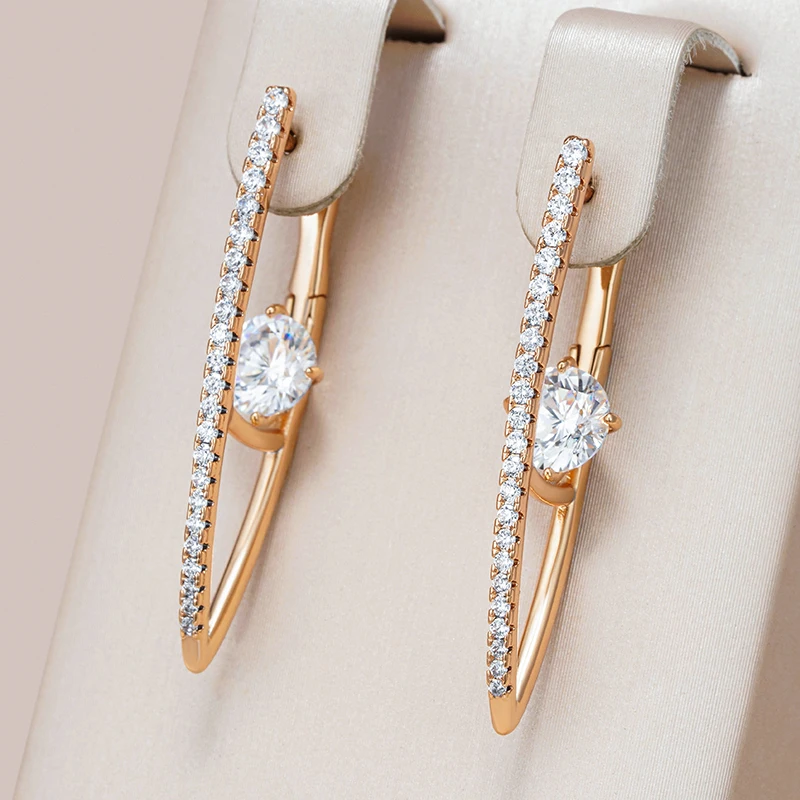 Kinel New 585 Rose Gold Color Long Earrings For Women Girl Fashion V Shape Natural Zircon Accessories High Quality Daily Jewelry