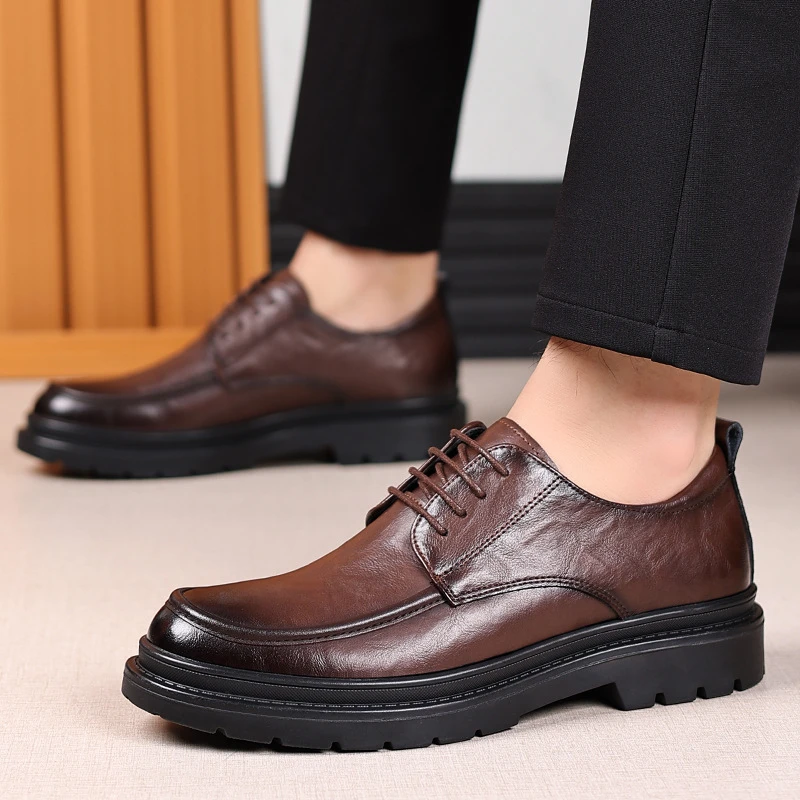 

Mens Black Wrinkled Leather Apron Toe Lace Up Dress Shoes Thick Lug Sole Chunky Formal Business Office Work Daily Wear Shoes