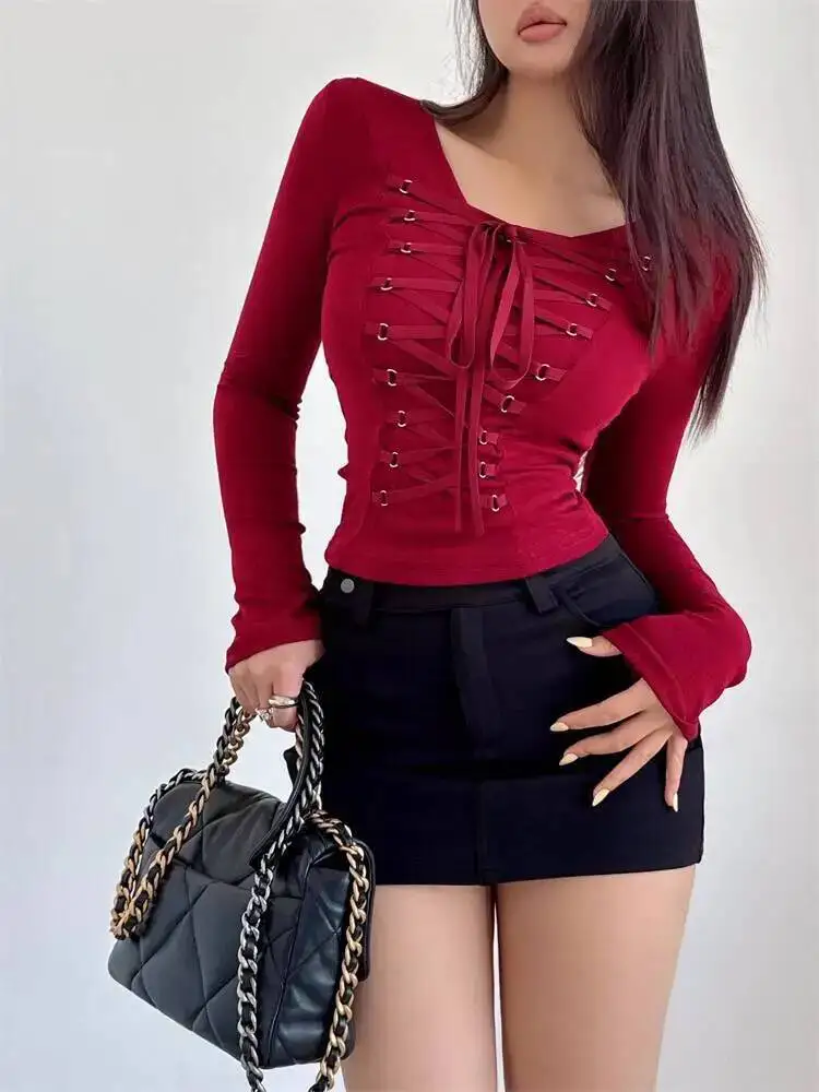 

Женский топ с перекрестной завязкой на талии Pure Desire, тонкая вязаная рубашка, женская футболка, тонкие модные женские футболки, новинка 2025 года, топы AAG8