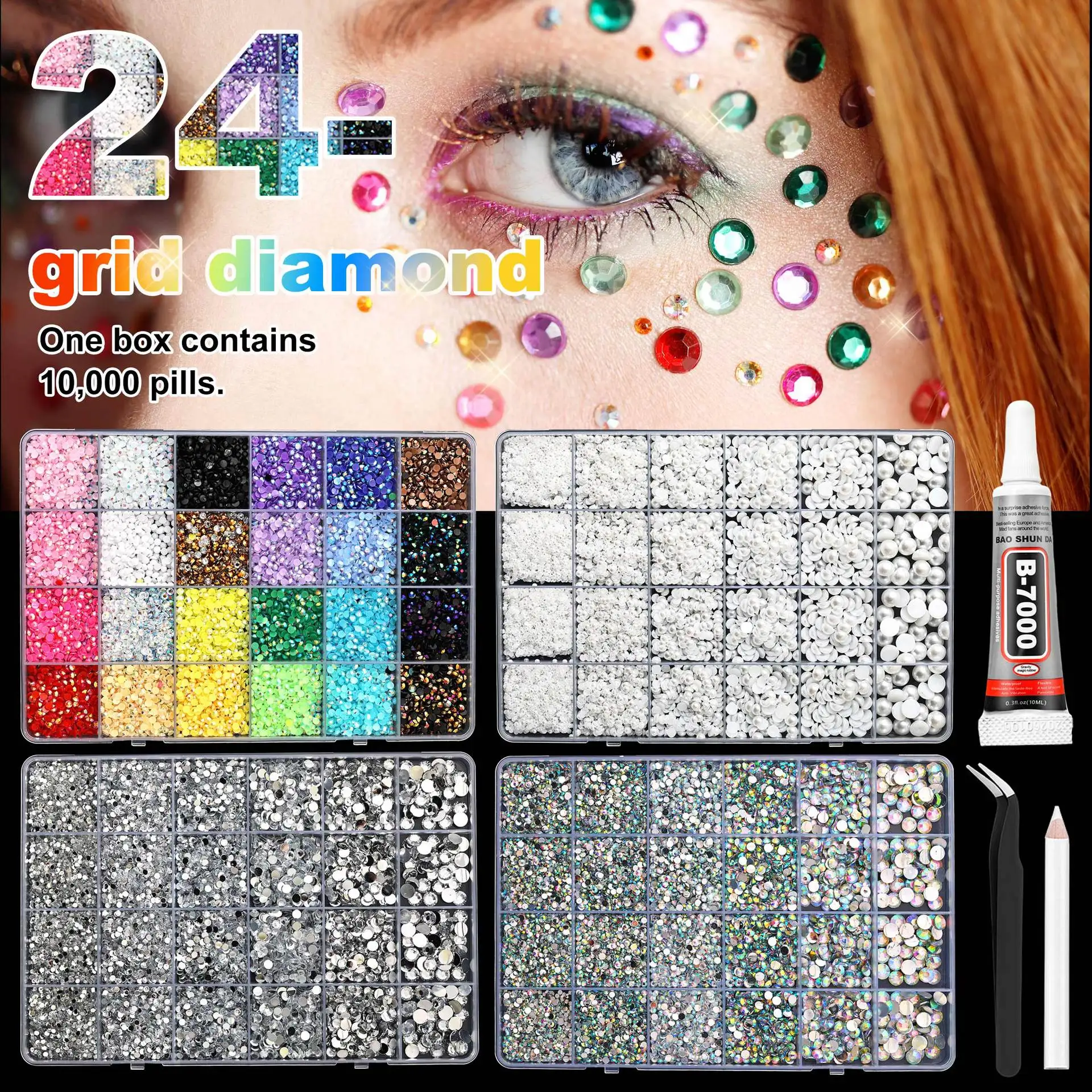 24Grids 3/4/5/6mm Nail Art Jewelry Set Semi-Circular Pearls And Resin Diamonds Flat Shiny Multi-Color Mixed for Nail Decorations
