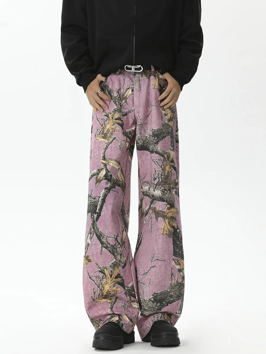 

Retro Pink Branch Pattern Printed High Waist Jeans Men Graffiti CamouflageTrendy Hiphop Loose Casual Wide Leg Pants