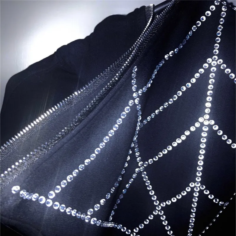 Y2k Hoodies Goth Hip Hop Rhinestone Teeth Spider Web 26 Letter Crown Full Zipper Black Oversized Jacket Sweatshirts