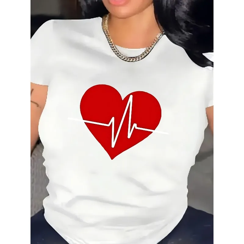 

Valentine's Day Heartbeat Pattern Love Printed Women T-shirt Casual Round Neck Top Red Heart and Heartbeat Pattern Romantic Top