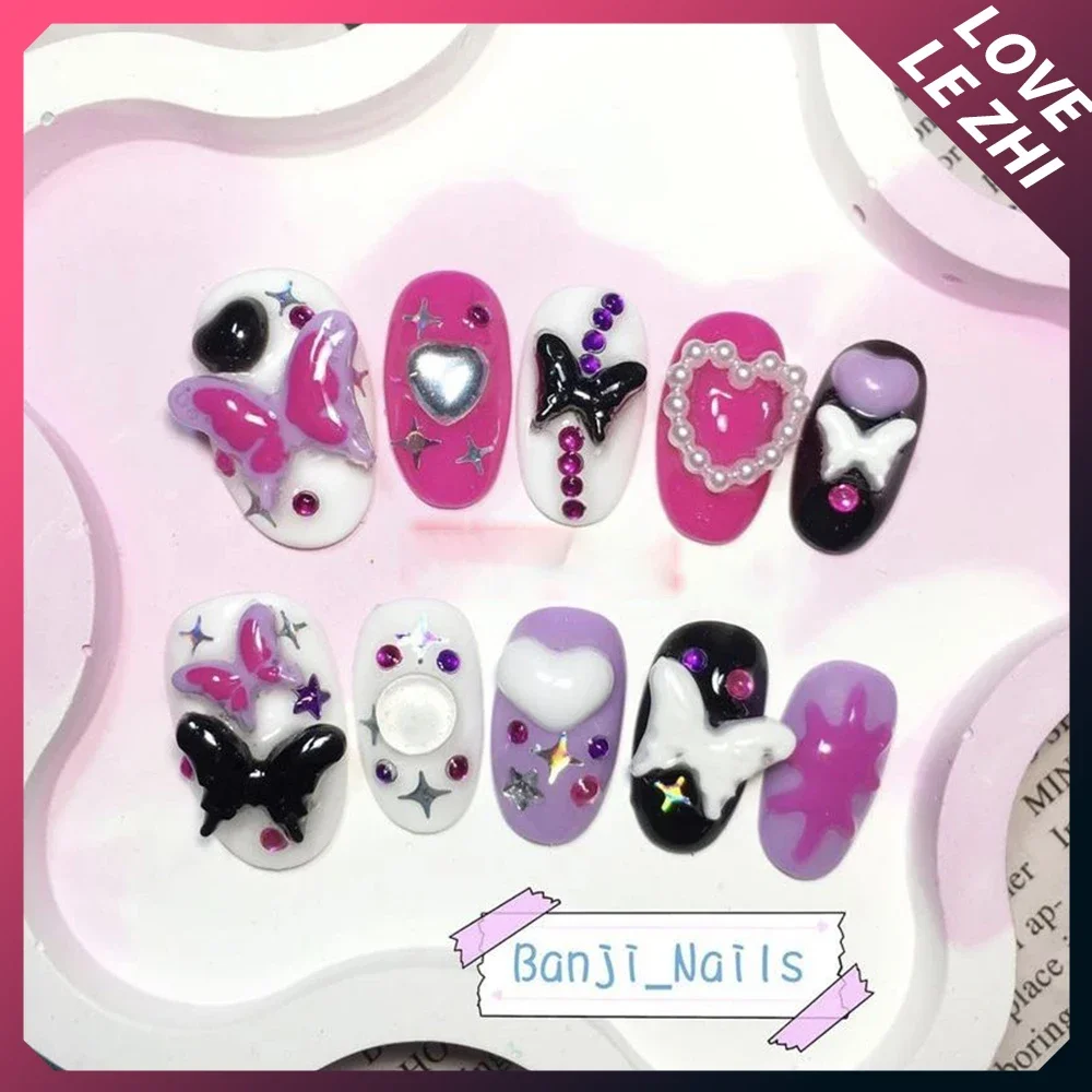 10Pcs Cute Fashion Handmade Press On Nails Kawai Full Cover Cartoon Rabbit Short Ballet Custom Wearable Reusable Fake Nails