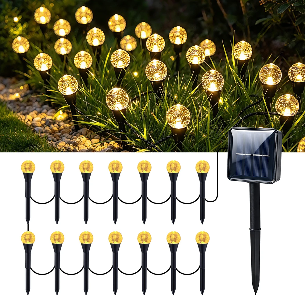 Waterproof Solar 10 20 30 40 Lights LED Lawn String Light Bubble Ball Stake 8 Modes Warm White RGB Auto ON/Off Outdoor Decor