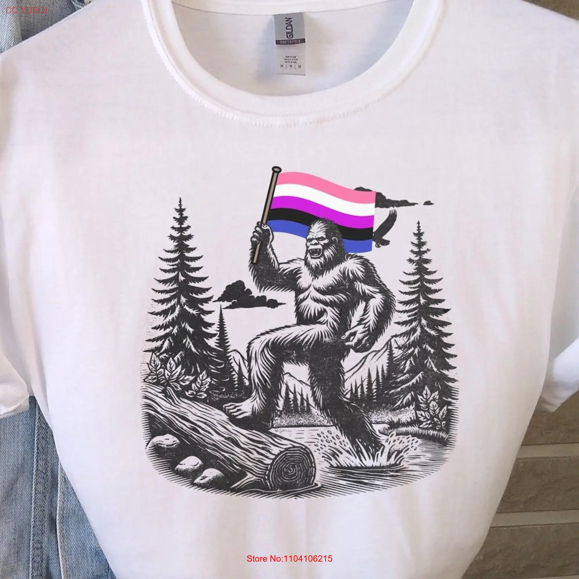 Genderfluid Pride T Shirt Non Binary Bigfoot Queer Gender Fluid Flag LGBTQIA Trans Subtle Agender long or short sleeves