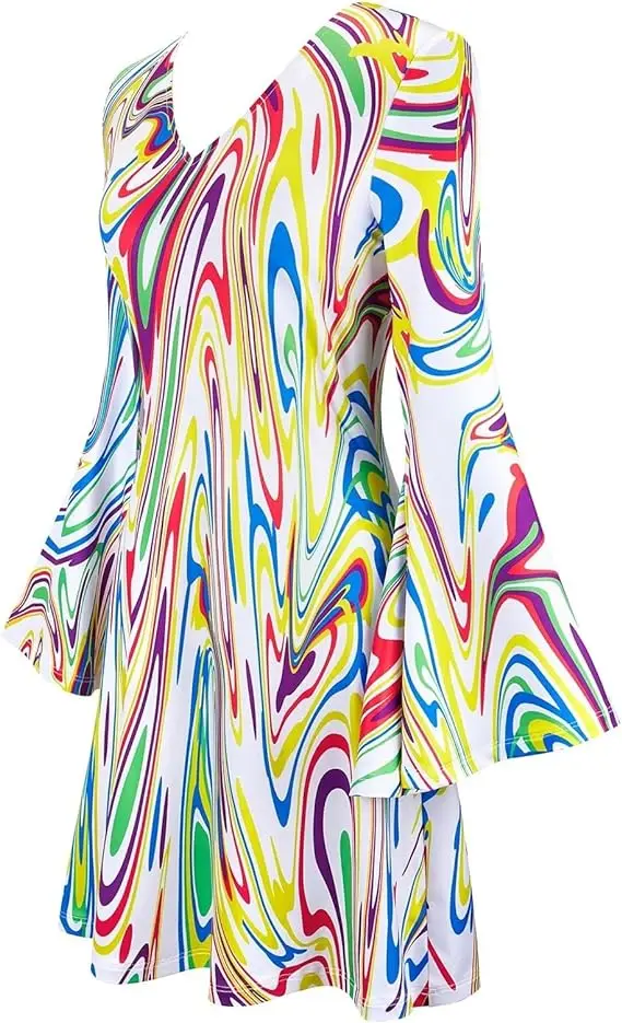 Disco Outfit for Party Women 70S Cosplay Yellow Red White Black Printed Dress Headgear A Line Plus Size Halloween Gown for Girl