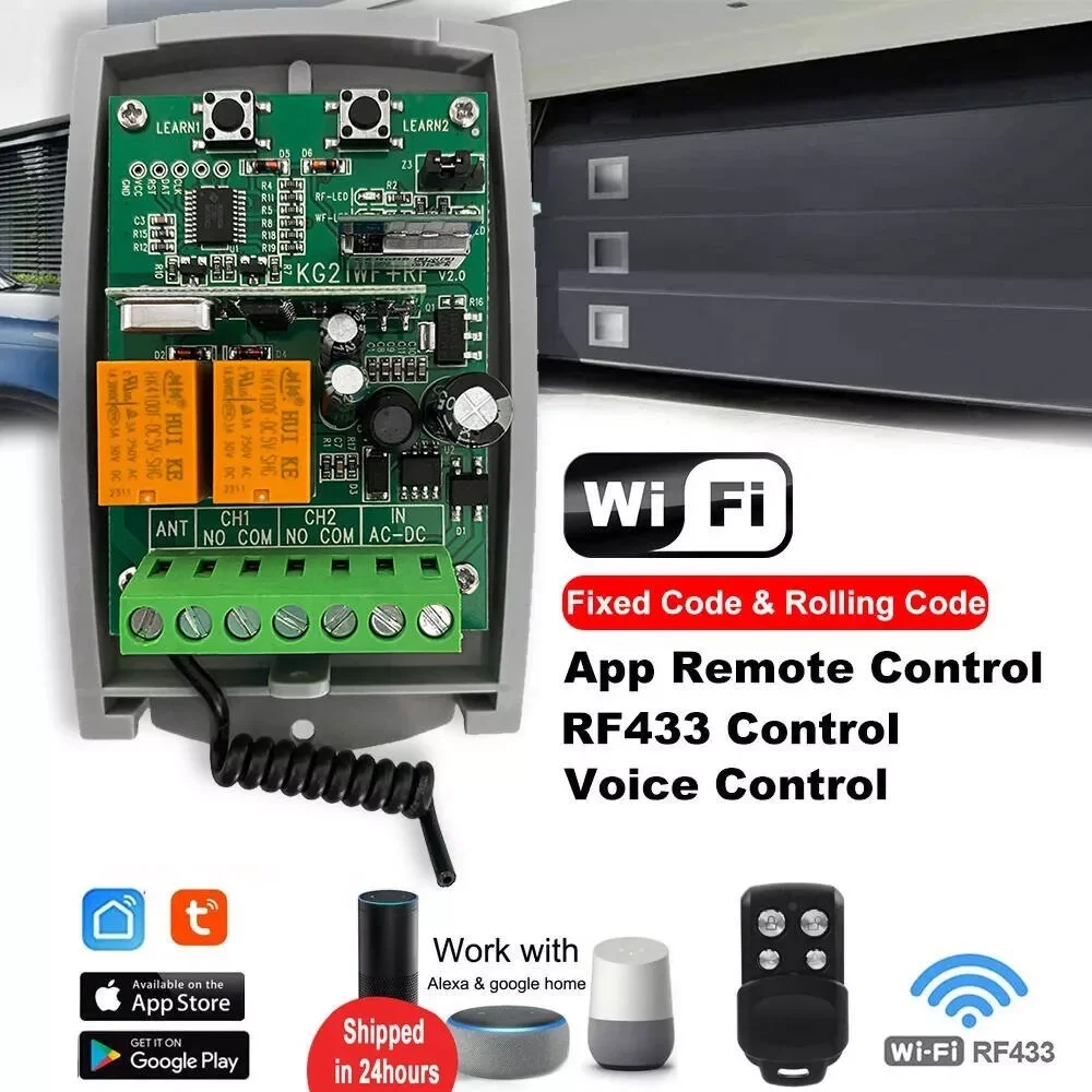 

Universal Tuya WIFI 433.92MHz Garage Door Opener Door Receiver 2ch Fixed Rolling Code, Smart Life Google Voice