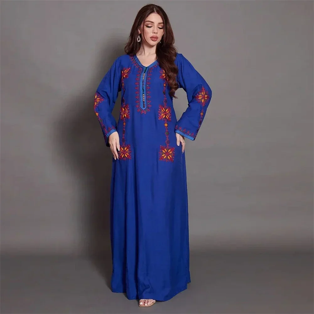 

2025 Autumn Embroidery Party Dress for Women Morocco Kaftan Dubai Turkey Abaya Islamic Clothing Arabic Robe Eid Ramadan Jalabiya