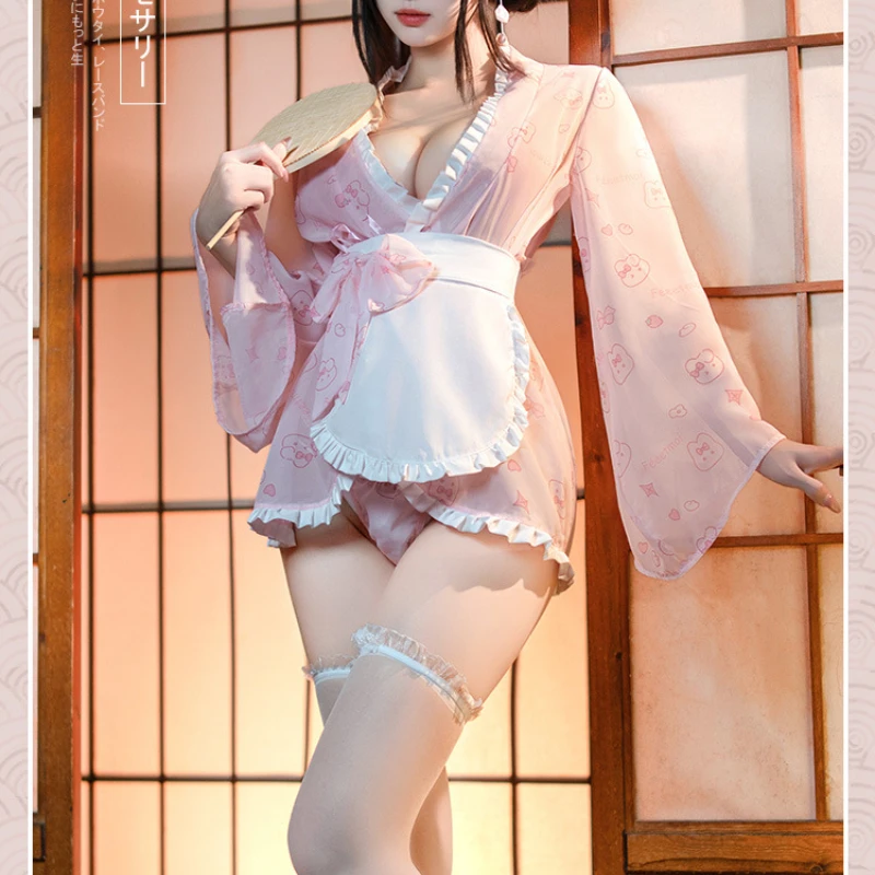 

Sexy Maid Kimono Costume Rabbit Print Lingerie Role Play Outfit Cosplay Costume Women Cute Erotic Nightwear Nightgown Pink
