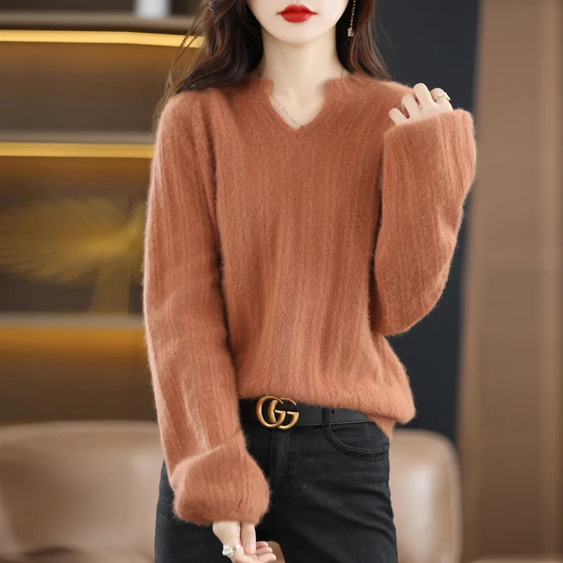 100% Mink Cashmere Soft Lantern Sleeve Sweater Women V-neck Pullover Casual Knit Autumn Winter Warm Solid Color Loose Top