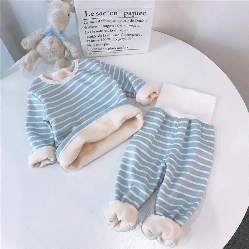 

Autumn and Winter Children's Warm Set with Comfortable Fleece Striped Top and leggings for Boys and Girls 2-piece Set