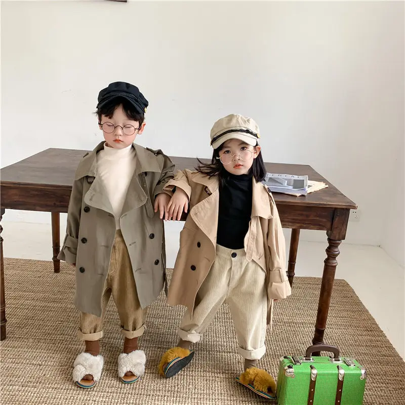 2-7Y Children's Trench Coat Spring Autumn Boys Girls Jacket Overcoat Long Sleeve Turn-Down Collar Windbreaker Top Kids Clothes