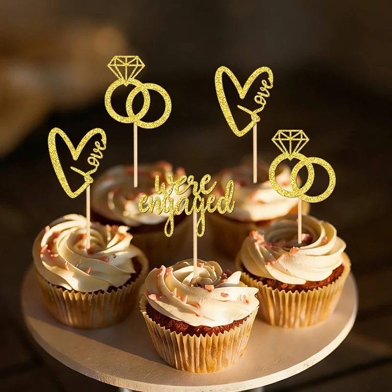 NUBECOM 24 Stück Verlobungs-Cupcake-Topper, Verlobungs-Kuchenaufsätze, glitzerndes Liebesherz mit Liebesringen, Verlobungs-Schrift-Kuchendekorationen – Detail 1
