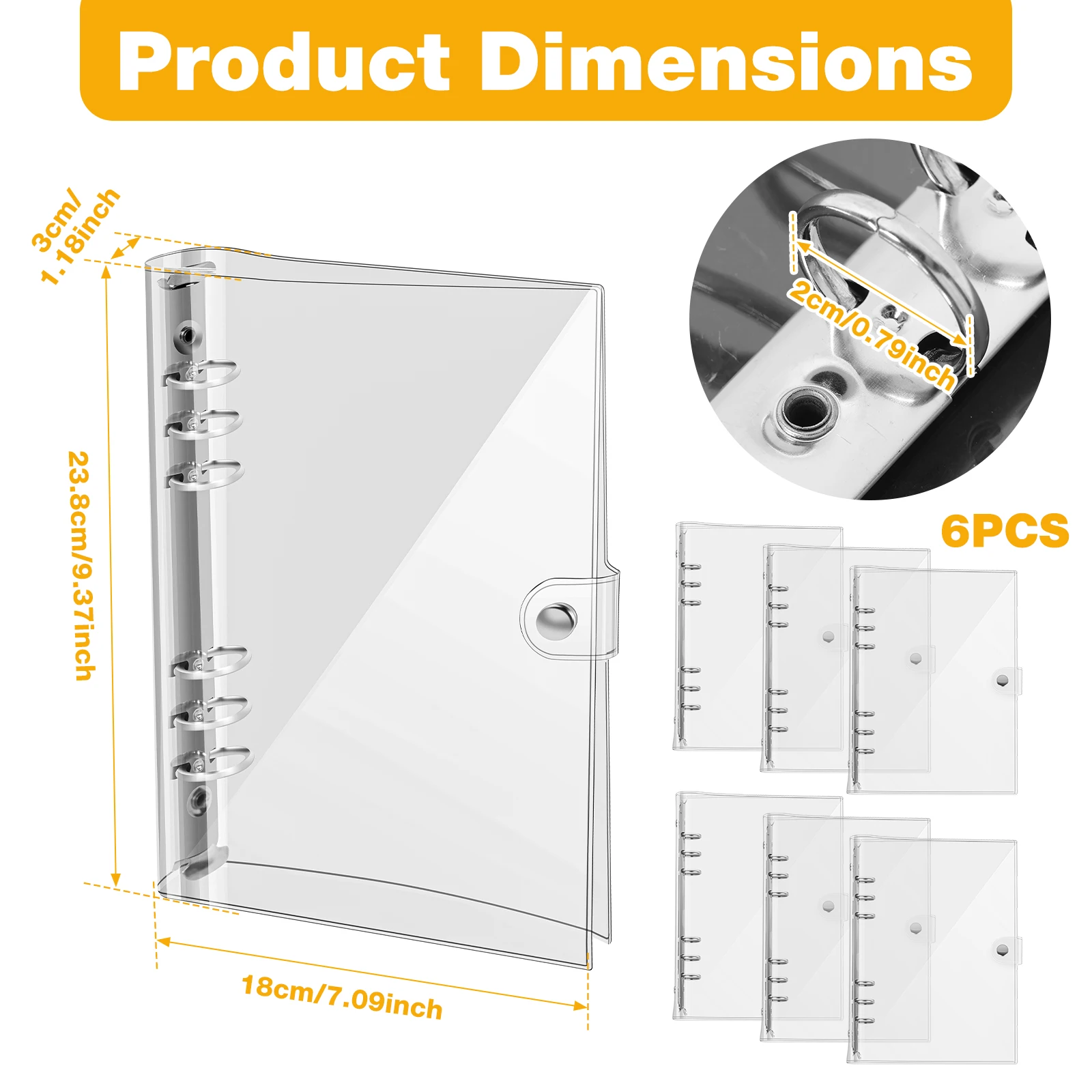 6Pcs A5 Clear PVC Binder Transparent 6 Ring Binders Notebook Cover Refillable Notebook Binder With Round Ring for School Office
