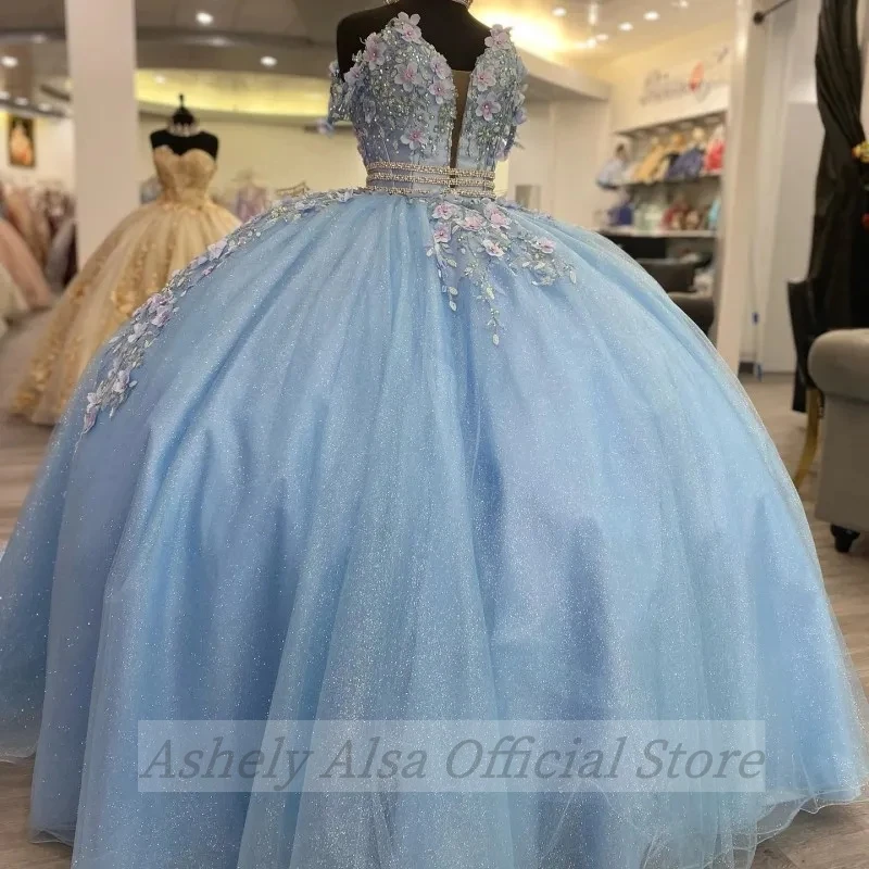 Vestidos de quinceañera azul bebé personalizados con hombros descubiertos flores 3D dulce 14 16 años princesa vestido de fiesta de graduación vestidos de 15 anos