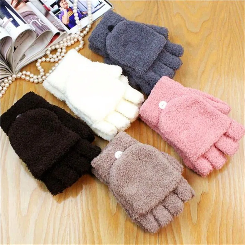 Winter Children Fashion Cute Solid Color Boys and Girls Warm Thick Comfortable Flip Half Finger Gloves