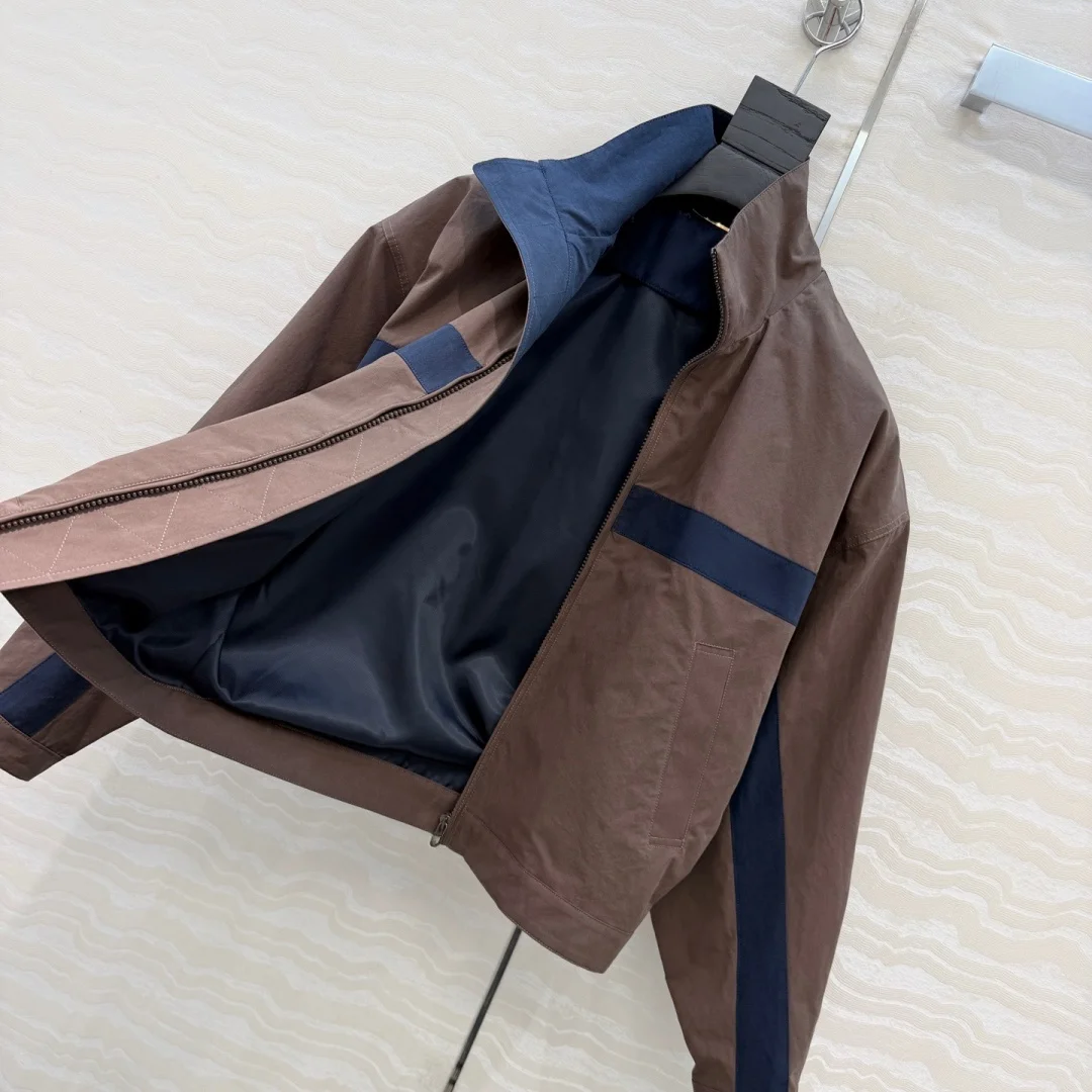 Unisex Retro Contrast Striped Jacket Stand Collar Zip Embroidered Badge Loose Cotton Canvas Windbreaker Coat