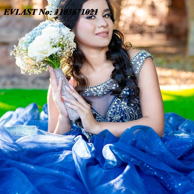 EVLAST personalizado azul marino vestido para quinceañeras vestido De baile apliques con cuentas volantes De cristal dulce 16 Vestidos De 15 Anos SQ541