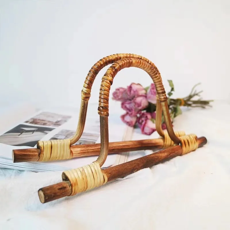 2PCS Natural Rattan Weave Articles D-shaped Ring Bamboo Handle Vintage Wood Parts DIY Woven Bag Handle Luggage Accessories