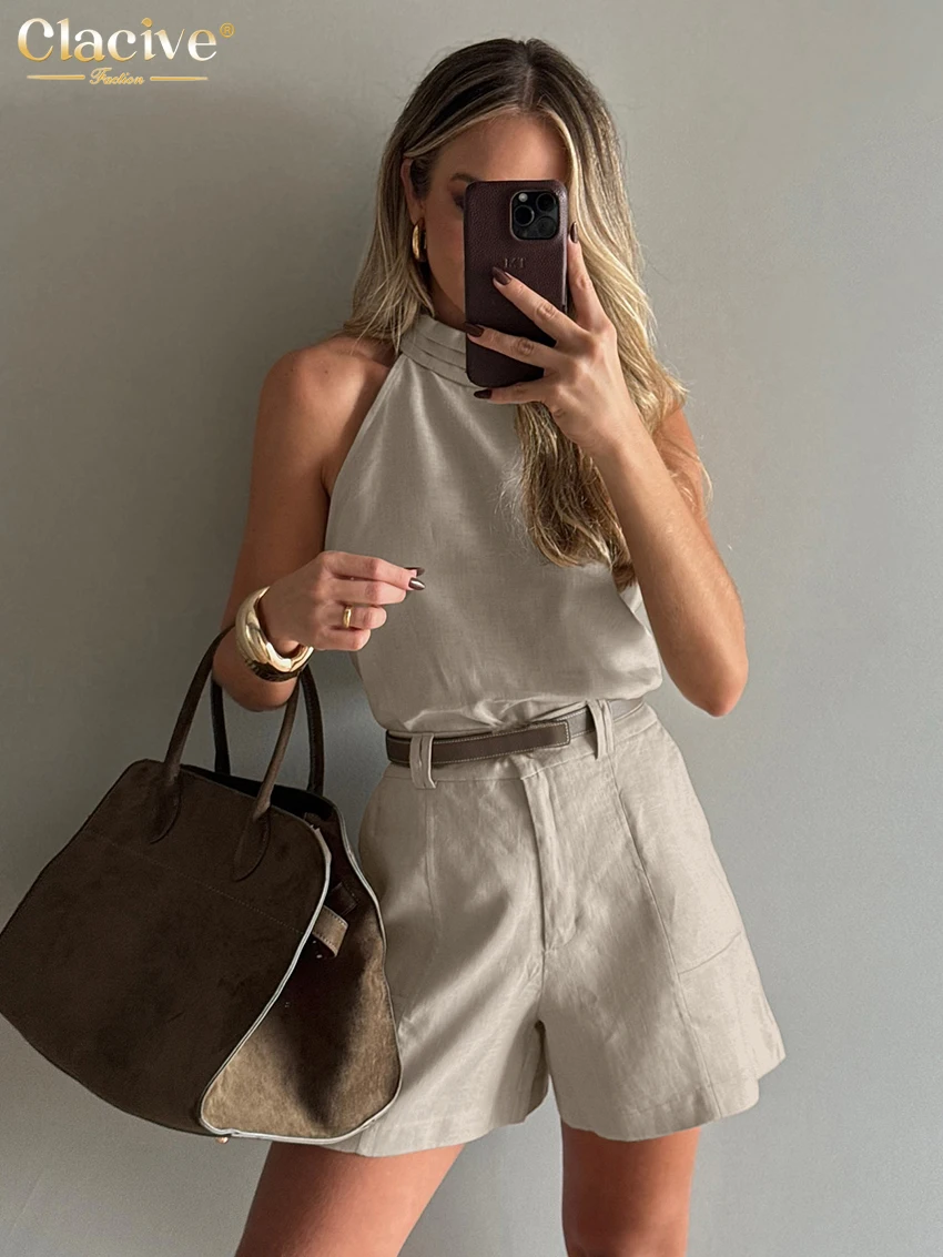 Clacive Mode Losse Kaki Katoen 2-delige Sets Vrouw Outfit 2025 Zomer Mouwloze Tank Top Met Hoge Taille Shorts Set Vrouwelijke