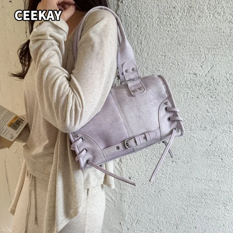 CEEKAY Retro Moto Style Underarm Bag Rivet Decor Lace Up PU Leather Adjustable Strap Ladies Daily Handbag Purses and Handbags