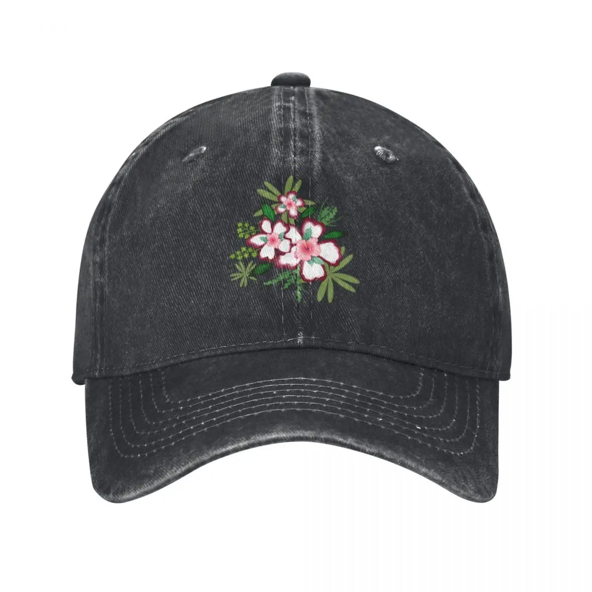 White And Violet Flower With Green Leaves Baseball Caps Vintage Denim Washed Headwear Unisex Style Outdoor Running Hats