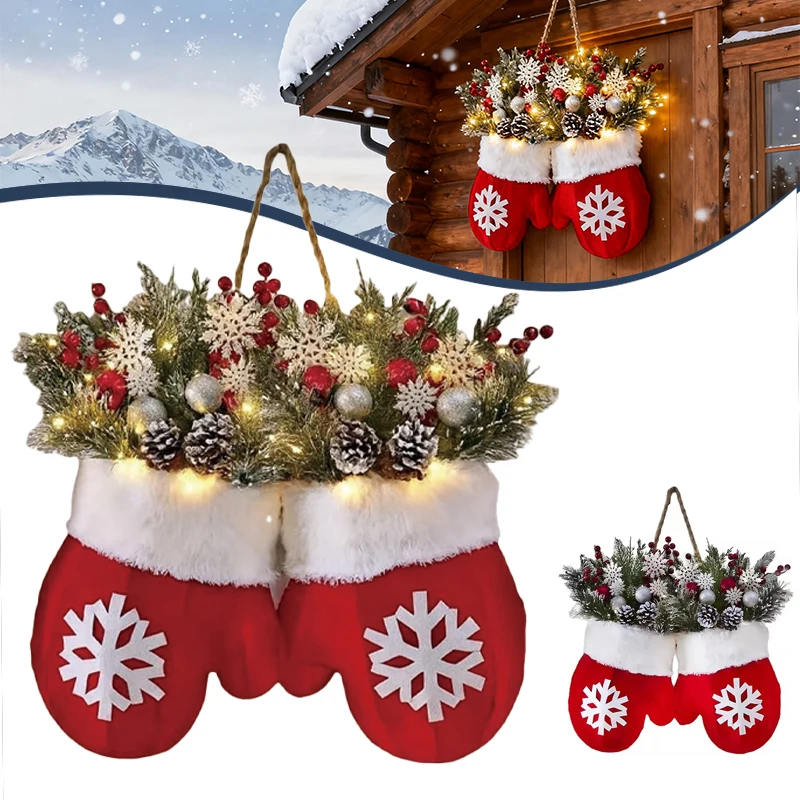 

Twinkling Christmas Mitten Wreath with LED Lights Artificial Garland Front Door Decoration Snowflake Ball Pine Needles Design