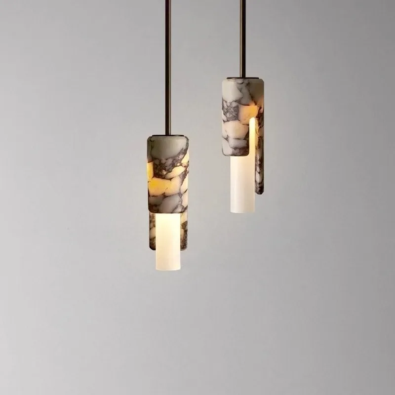 

Cylindrical Natural Spanish Marble Chandelier pendant lamp for bedside Bedroom kitchen living dining room brass hanging light