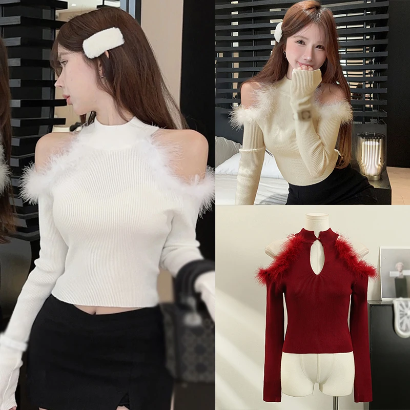 Sexy Slim Lint Stitching Korean Version Knitted Long Sleeves Top Women's Knitted Top Half High Collar Solid Colour