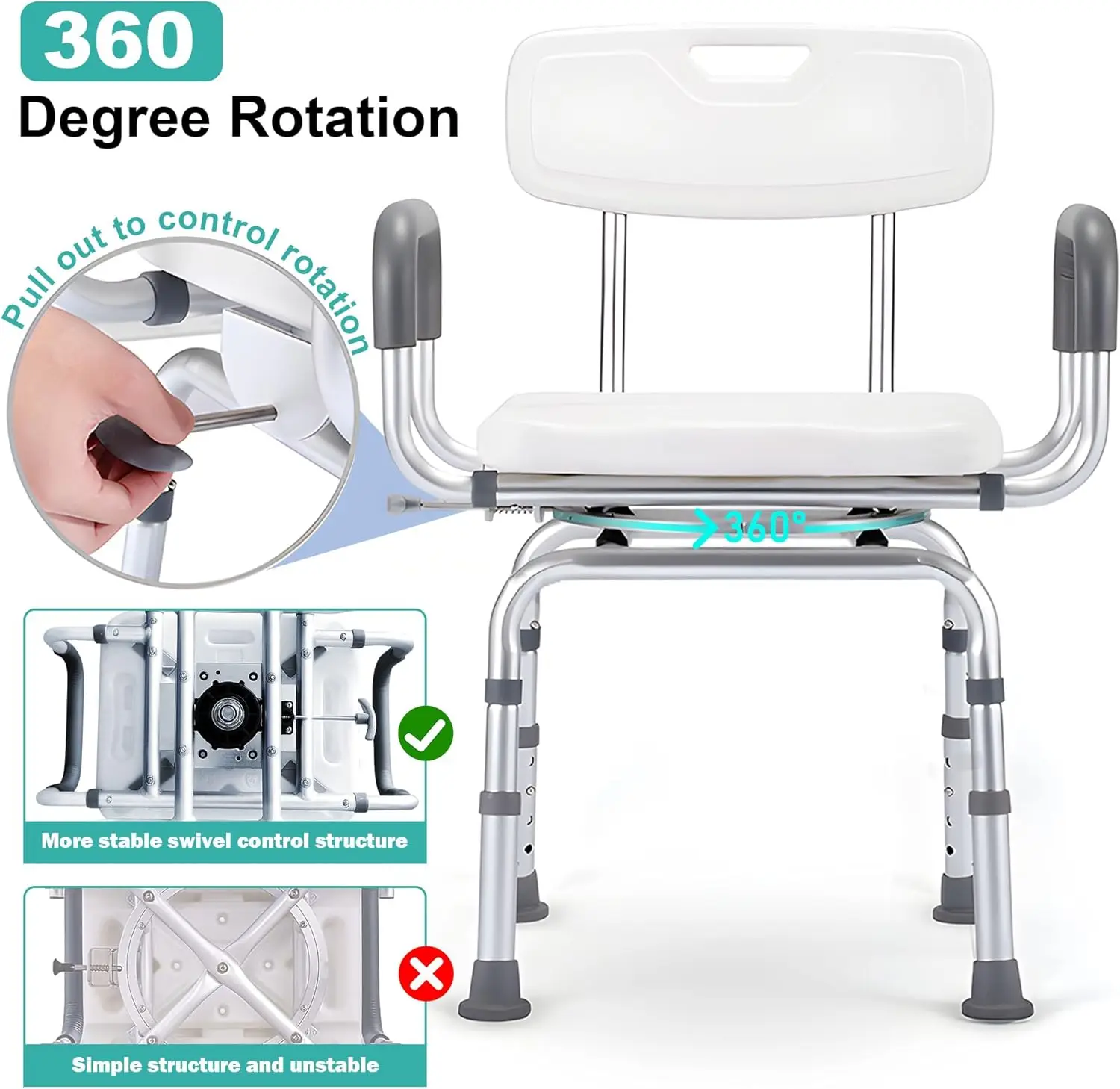 360 Degree Shower Chair Swivel,Portable Seat with Armrests and Back, Adjustable Height Seat for Bathtub