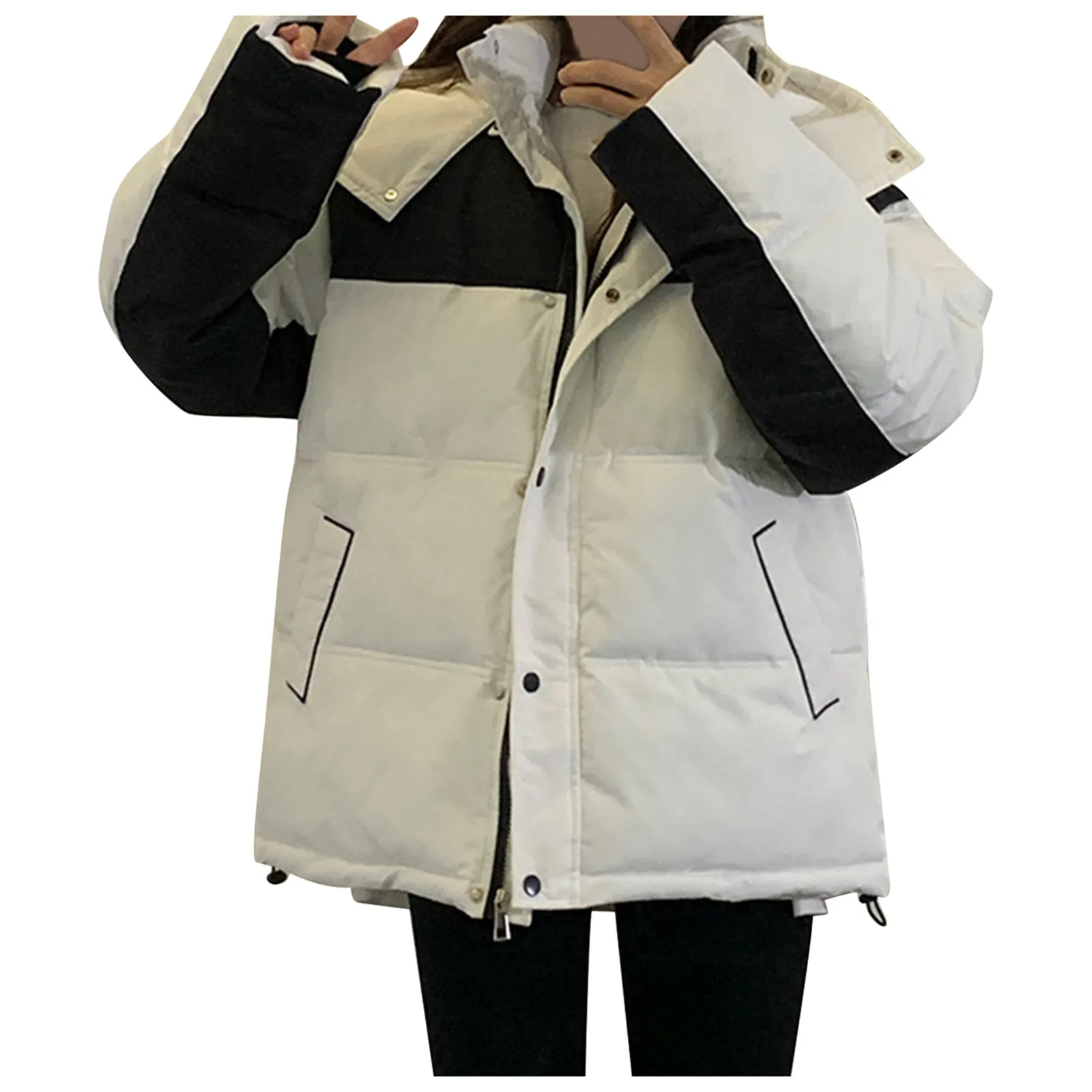 Winter New Cargo casual hooded Padded Jacket Color block loose fit Versatile Padded Jackets Couple Women fashion Trench Coat