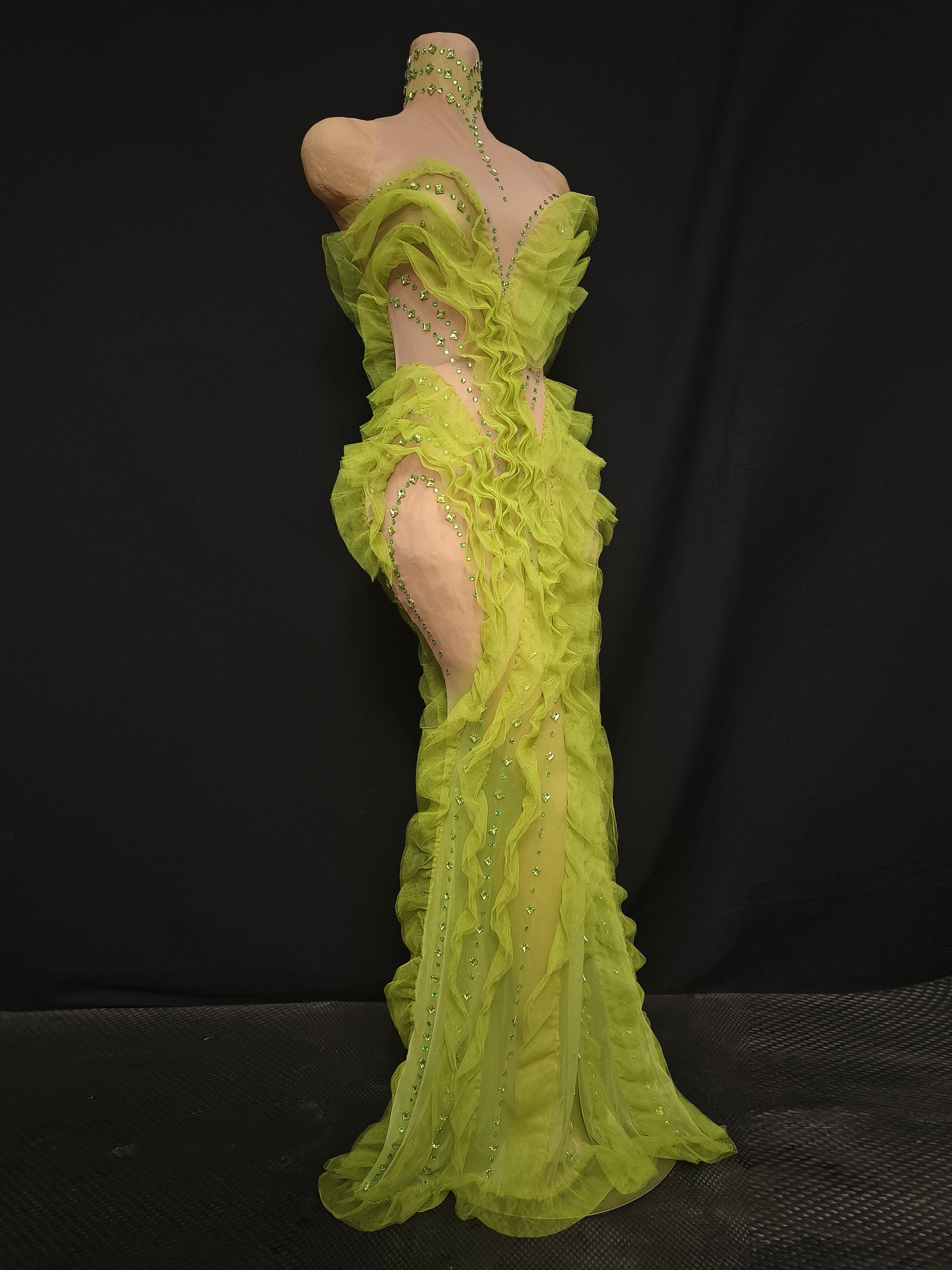 Elegant Sparkly Green Rhinestones Mesh Sheer Ruffle Maxi Dress Celebrate Eveing Birthday Party Nightclub Red Carpet Stage Wear