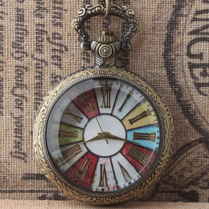 Tea colored glass flip quartz pocket watch with seven color pattern lucky dial for men and women's fashion trends