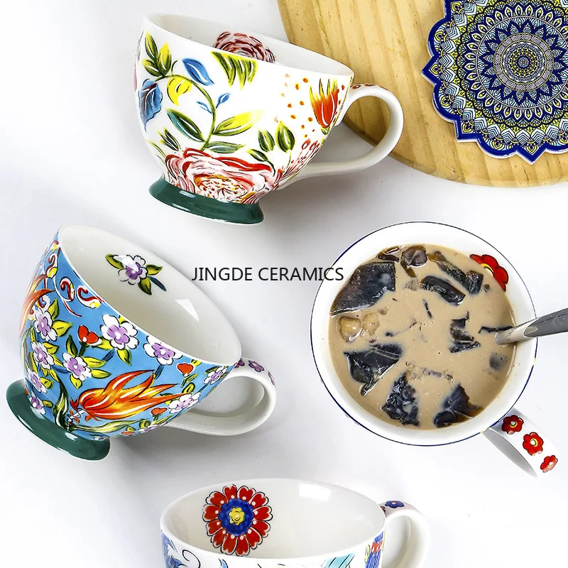 1pc Hand drawn ceramic breakfast cup Large capacity coffee cup Underglaze color relief mug Kitchen bar utensils kitchenware