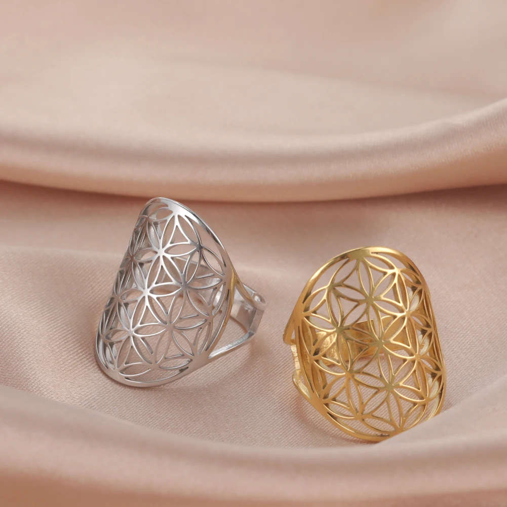 Stainless Steel Flower Of Life Ring Hollow Archangel Amulet Adjustable Ring For Women Sacred Geometry Wicca Jewelery Gift