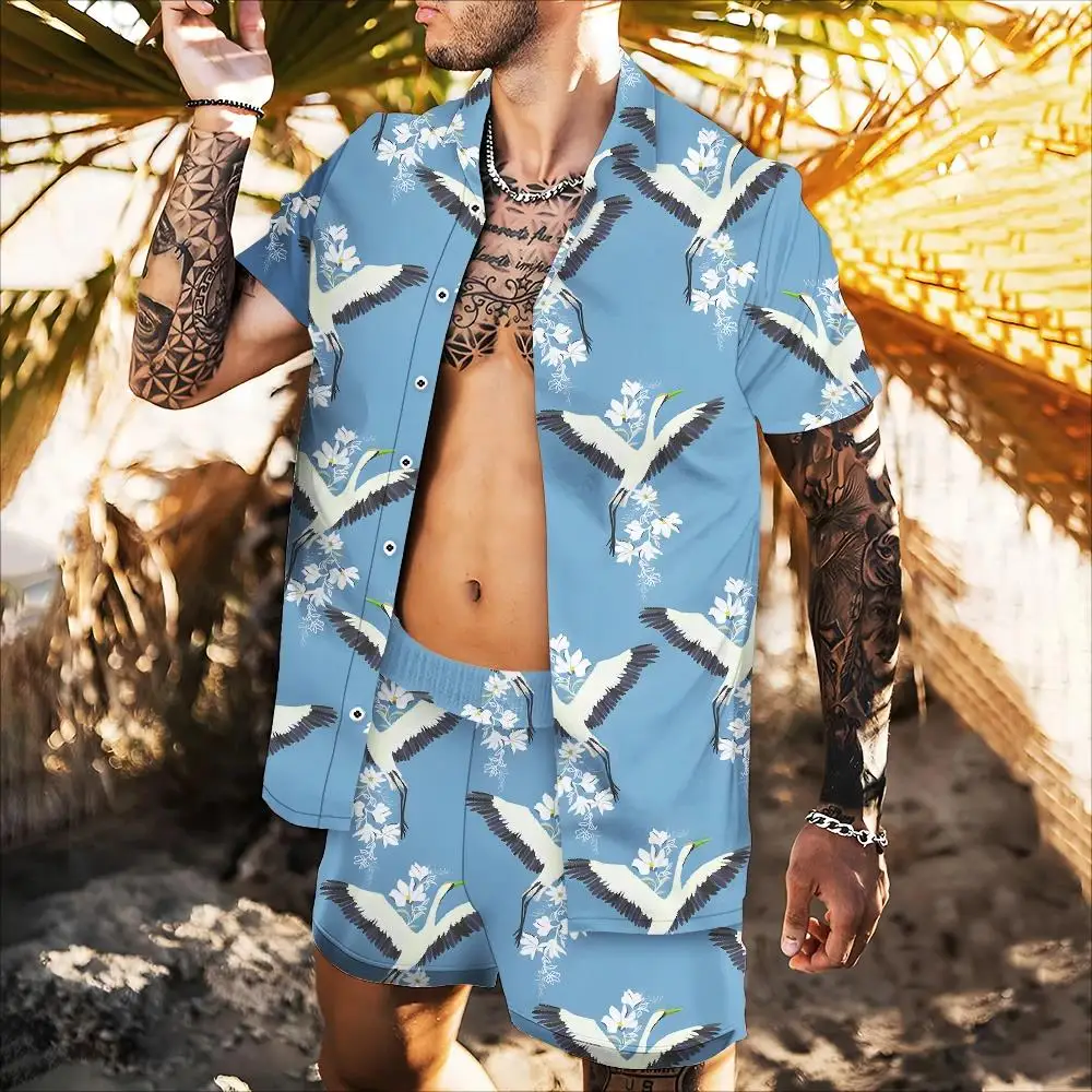 NEWHawaiian White Crane Print 2 Pieces Shirt Set 3D Printing Men's Suit Beach Short Sleeve Sportswear Daily Shirt Set Two Pieces