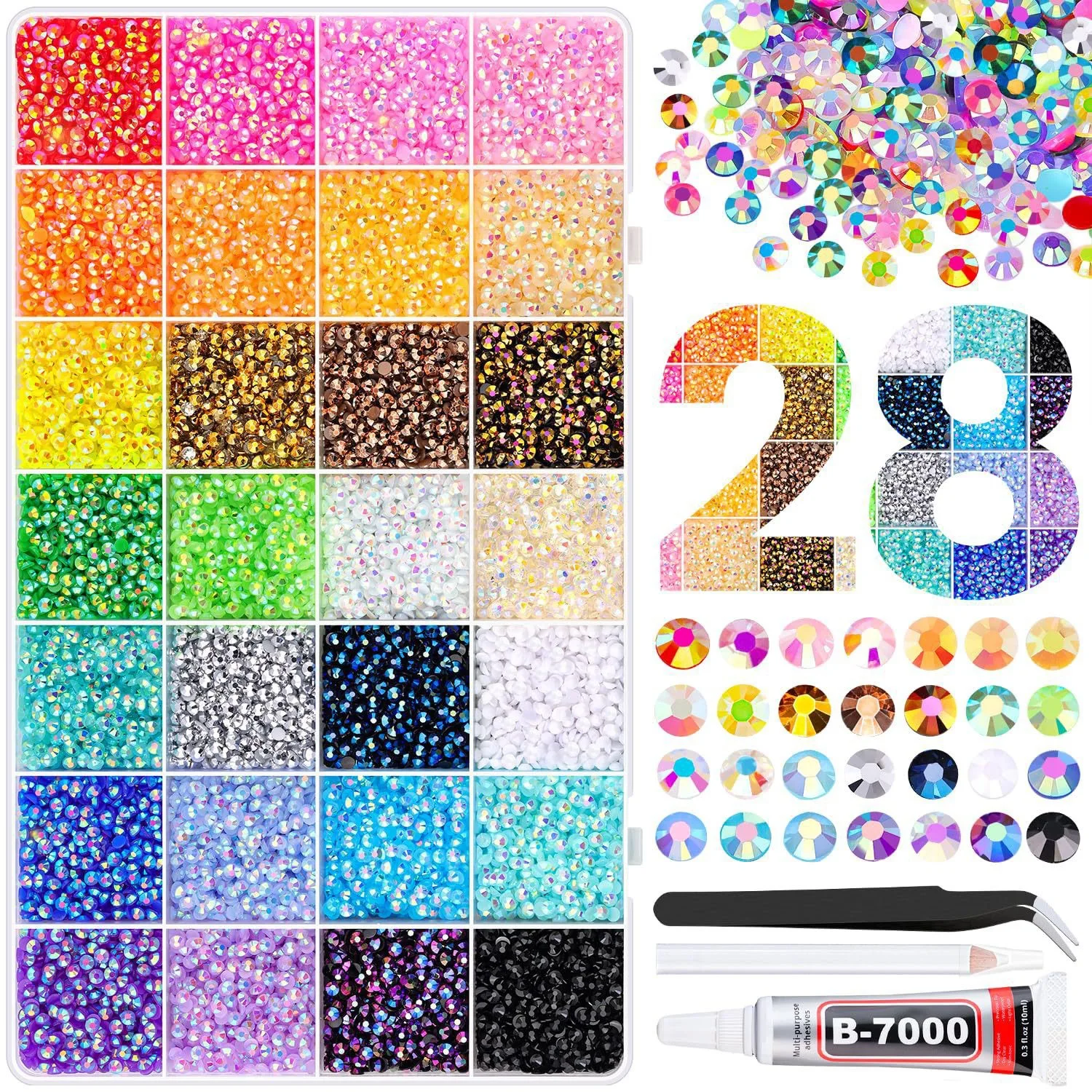 

28 Colors Resin Jelly Rhinestones Kit Flatback Synthetic Gemstones with Tweezer Pen Gel Nail Art Diamond for DIY Crafts Clothing