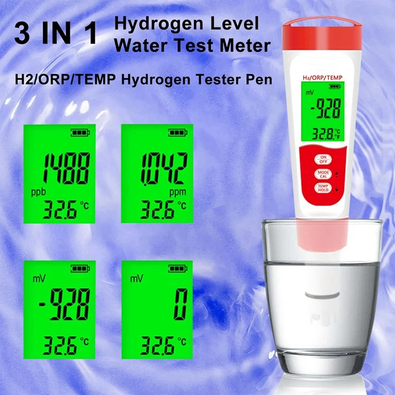 Hydrogen Water Bottle Test Meter, 3 In 1 H2/ORP/Temp Digital Hydrogen Level Tester Pen For Daily Drinking Hydrogen Water Durable